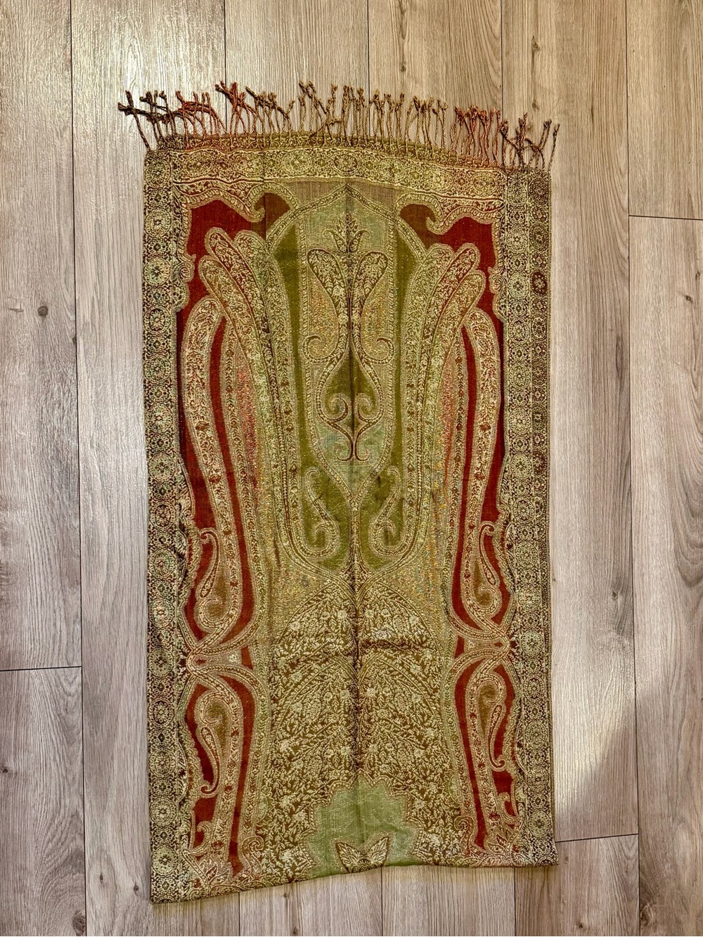 Paisley Pashmina style Scarf Wrap Fringe Boho Olive Green Rust Gold 22x80
